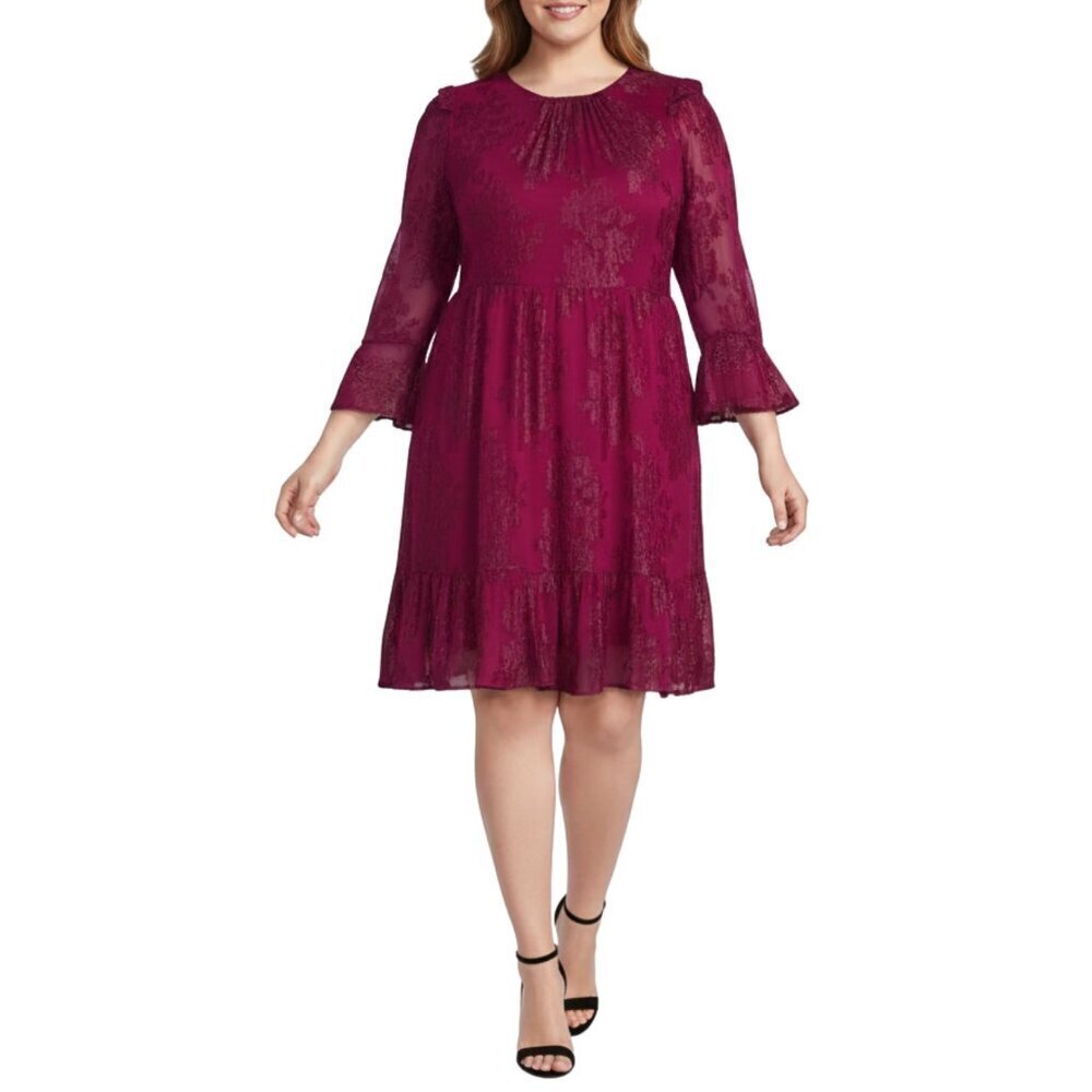 NWT Calvin Klein Floral Texture Chiffon 3/4 Bell Sleeve Jewel Neck Midi Dress